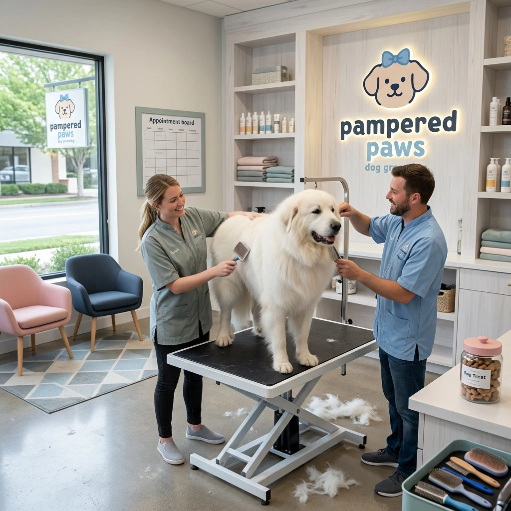 A great pyrenees having its coat brushed out on the grooming table