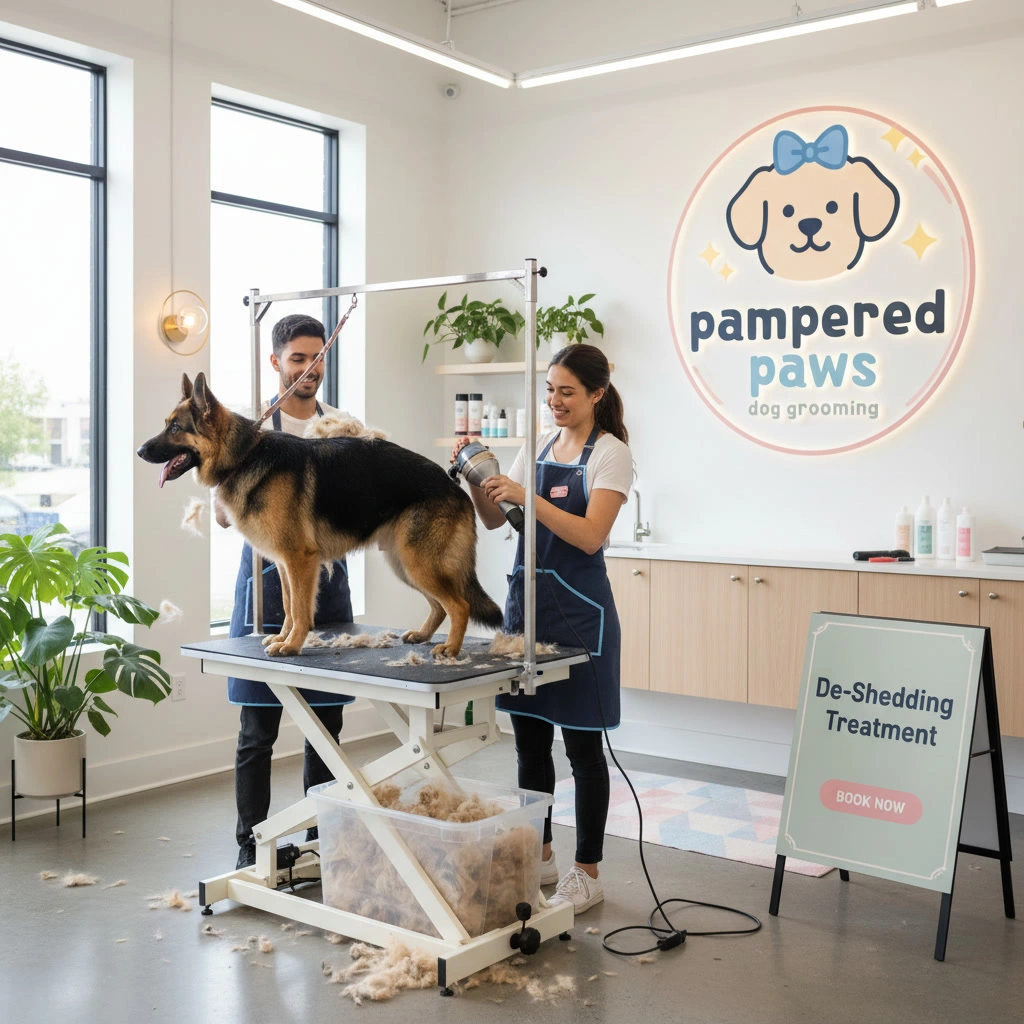 A german shepherd having a de-shedding treatment