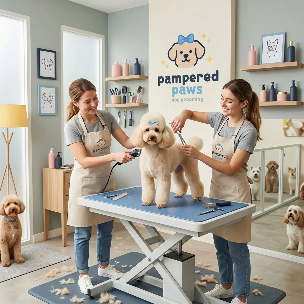 A poodle getting a full breed-style haircut