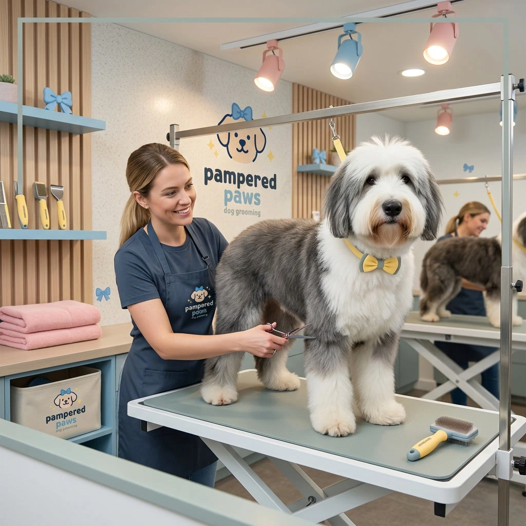 A shaggy sheepdog having a sanitary trim