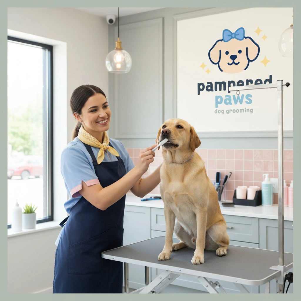 A labrador having its teeth brushed